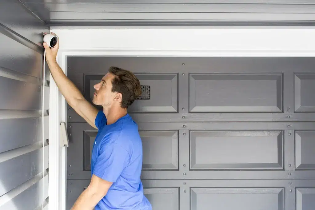 Man with eyeglasses closing and opening garage door with remote controller